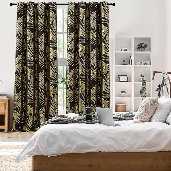 RONALDECOR GOLD LEAF FOIL BLACKOUT CURTAINS 84 INCHES LONG FOR BEDROOM BLACK CURTAIN PANELS ROOM DARKENING THERMAL INSULATED NOISE REDUCING GROMMET WINDOW TREATMENTS SETS, 52″ W, 2 PANELS
