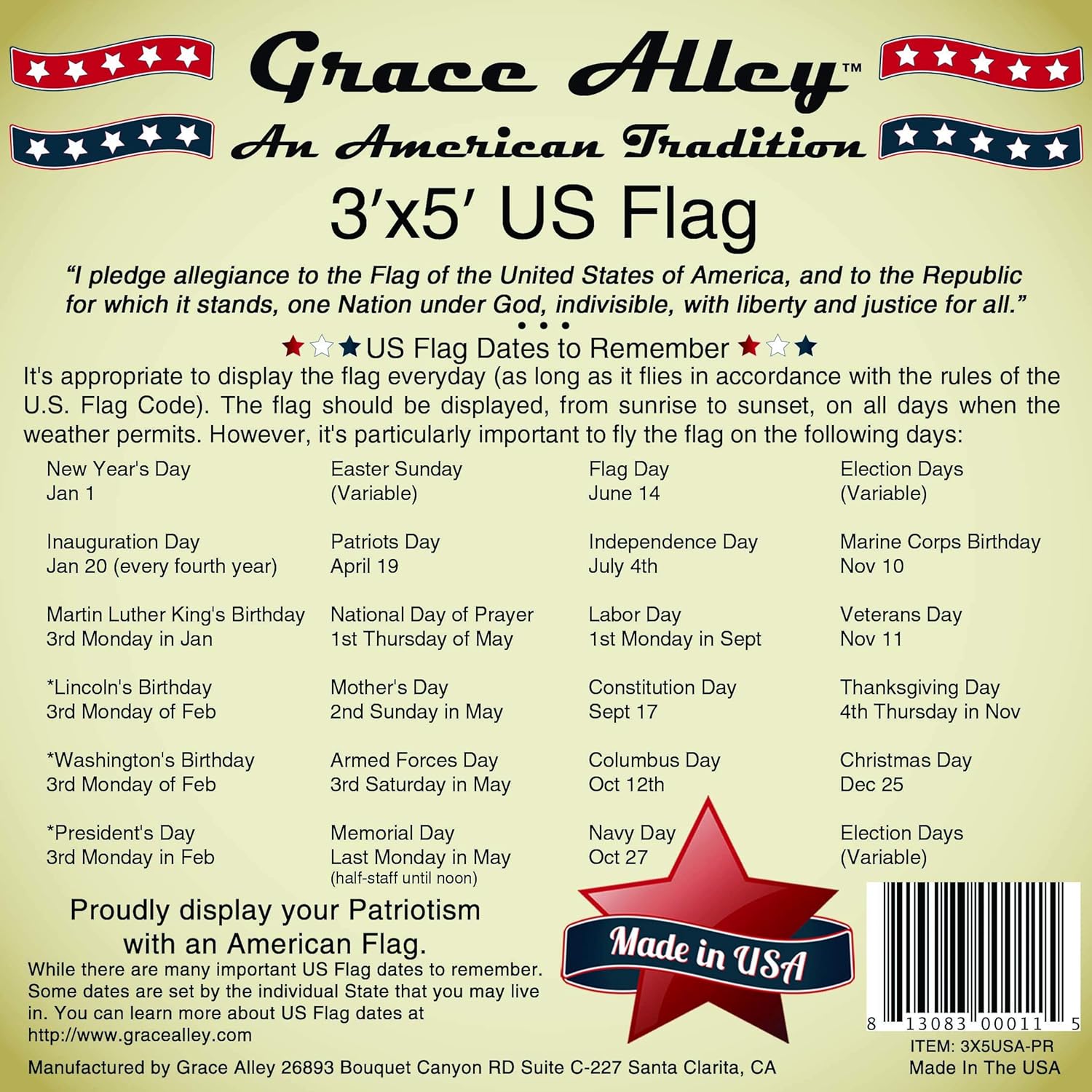 Grace Alley American Flag: 3x5 FT US Flag - 100% Made in USA. Embroidered Stars, Sewn Stripes and Brass Grommets. Fade Resistant, Heavy Duty, Long Lasting Nylon for Outdoor Durability. : Garden & Outdoor