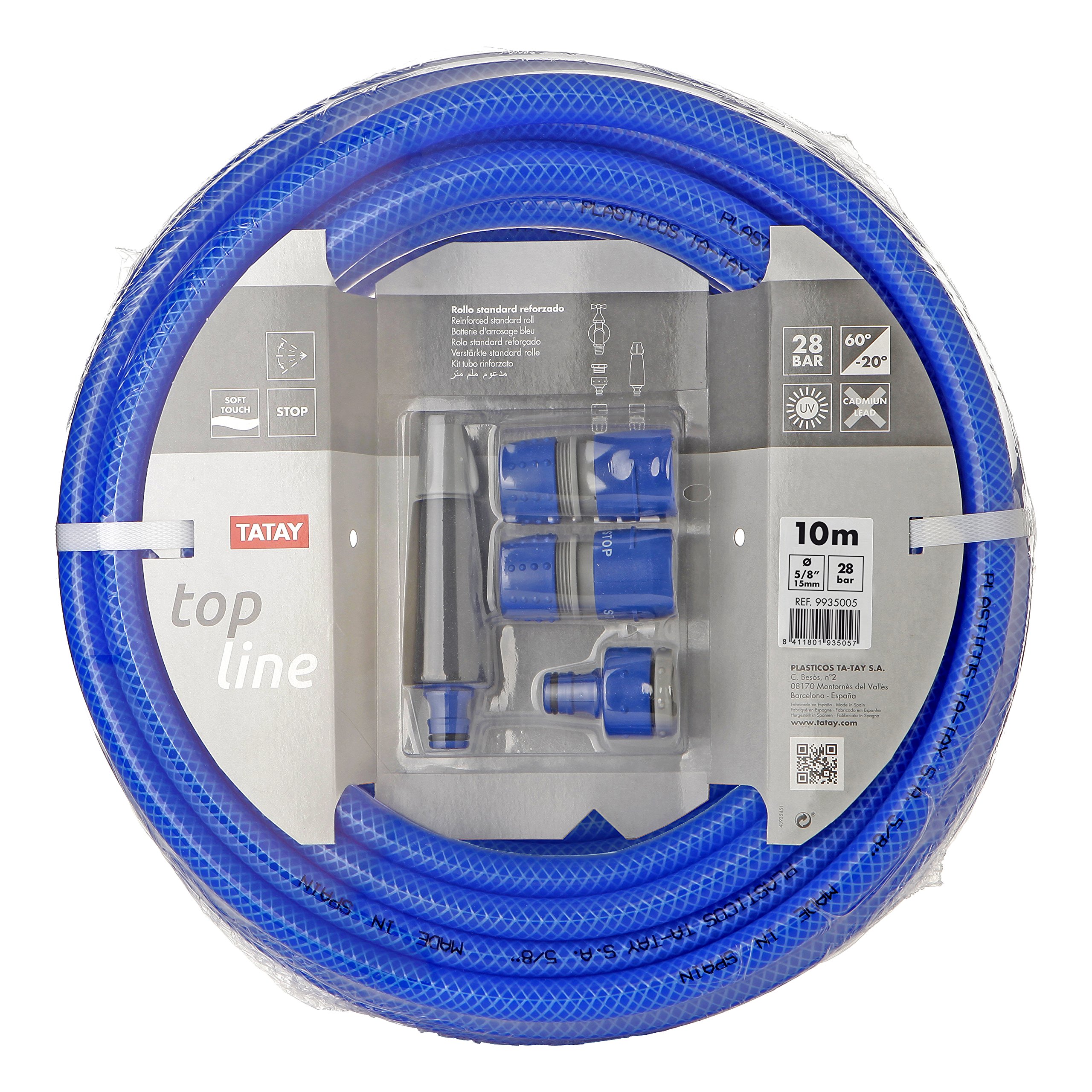 TATAY Blue gardening hose set, in a 10 m roll, reinforced, cadmium and BpA free, and equipped with a complete watering set, soft-touch and with anti-UV properties. Regular use