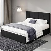 Allewie Full Size Dutch Velvet Upholstered Platform Bed Frame, Black | Vertical Channel Tufted Adjustable Headboard, Low Profile Bed Frame, No Box Spring Needed, Easy Assembly