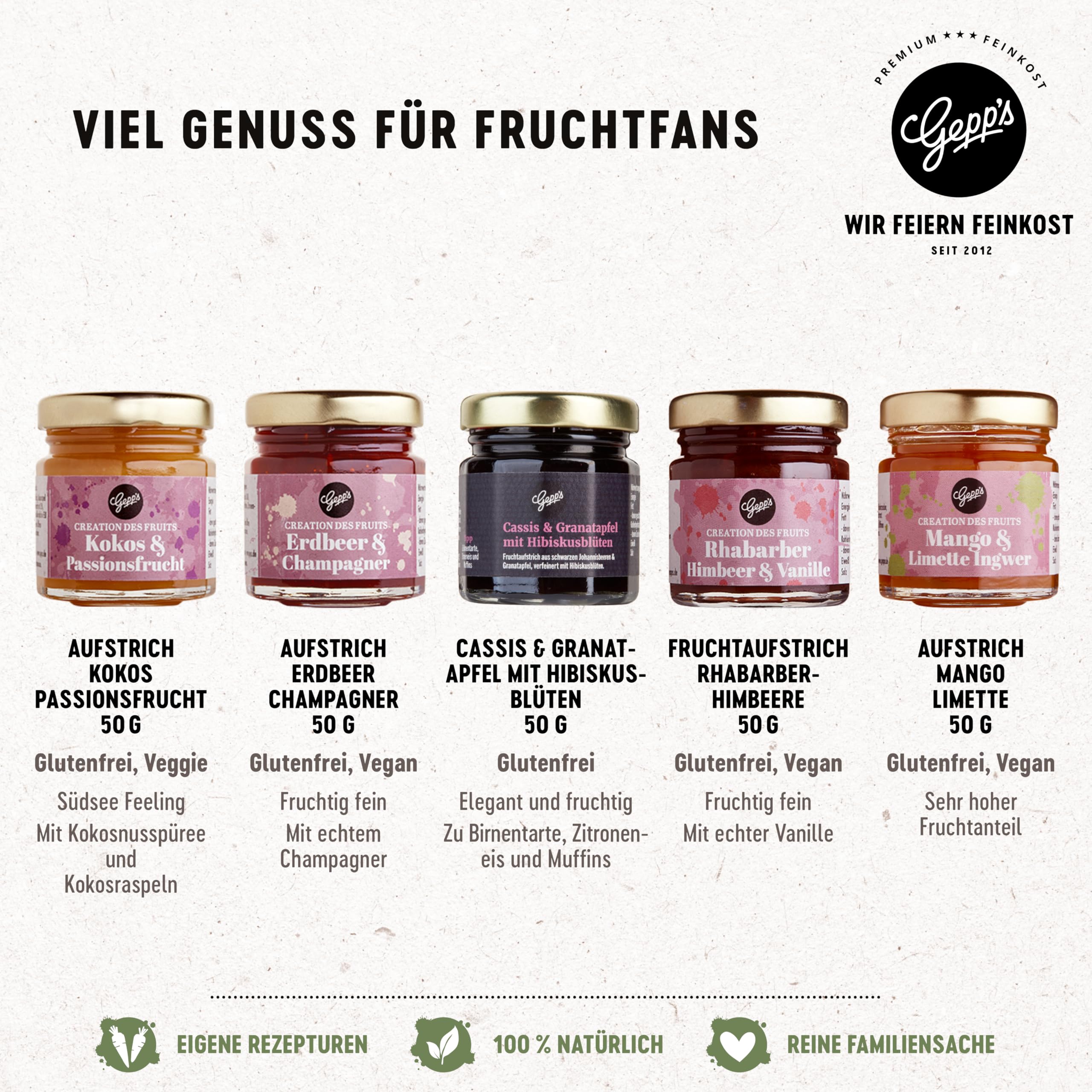 Gepp's Feinkost Frühstück Marmeladen Set I Mini Konfitüren in verschiedenen Geschmacksrichtungen I Geschenk mit Spezialitäten wie Mango Ingwer Erdbeer & Champagner Fruchtaufstrich 8
