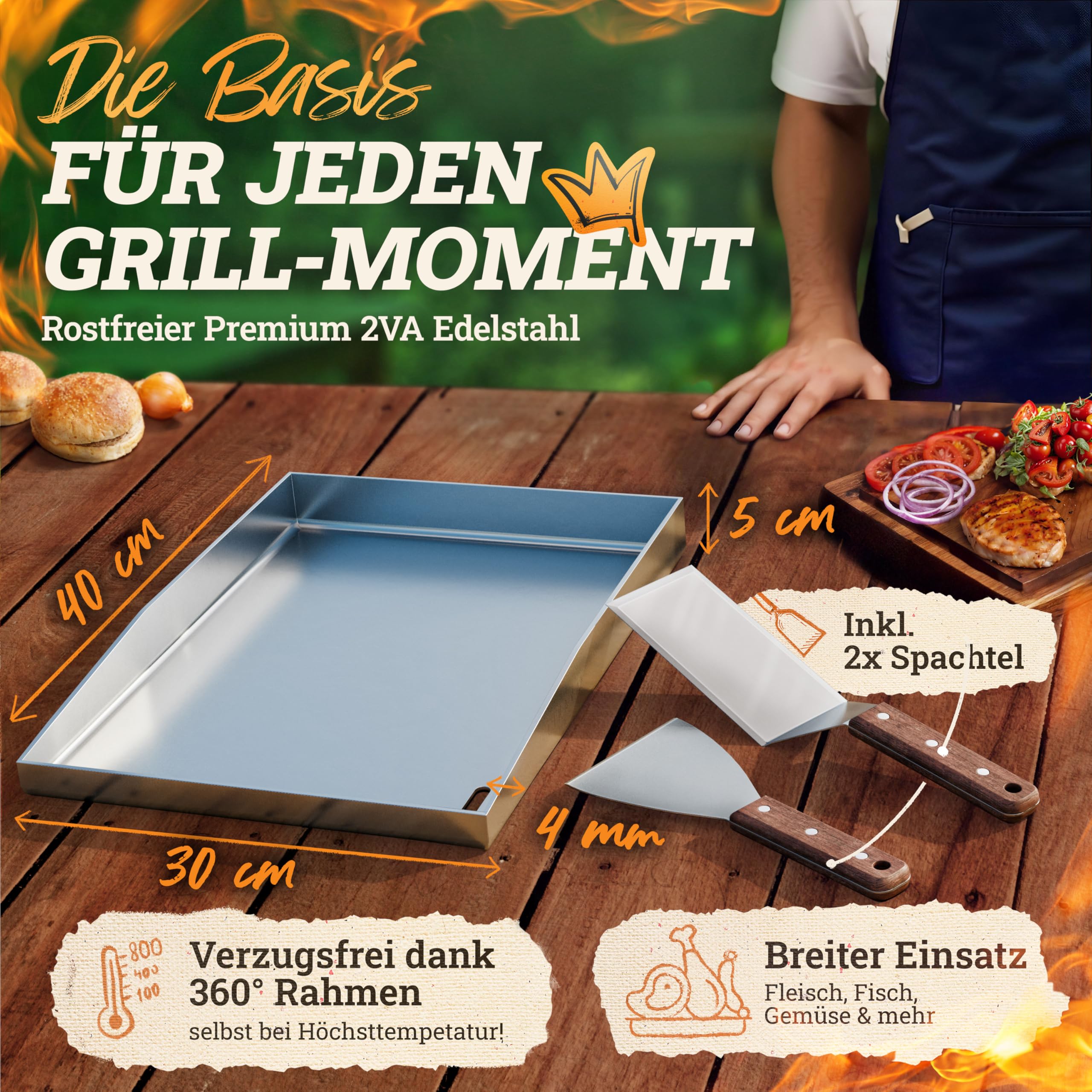 LIKAYA® Plancha Grillplatte [30x40cm] mit 2x Grillspachtel mit FSC-Akazienholzgriff Grillzubehör | Verzugsfreier Edelstahl | Plancha Gasgrill Kohlegrill | Geschlossene Ecken ohne Auslaufen 2
