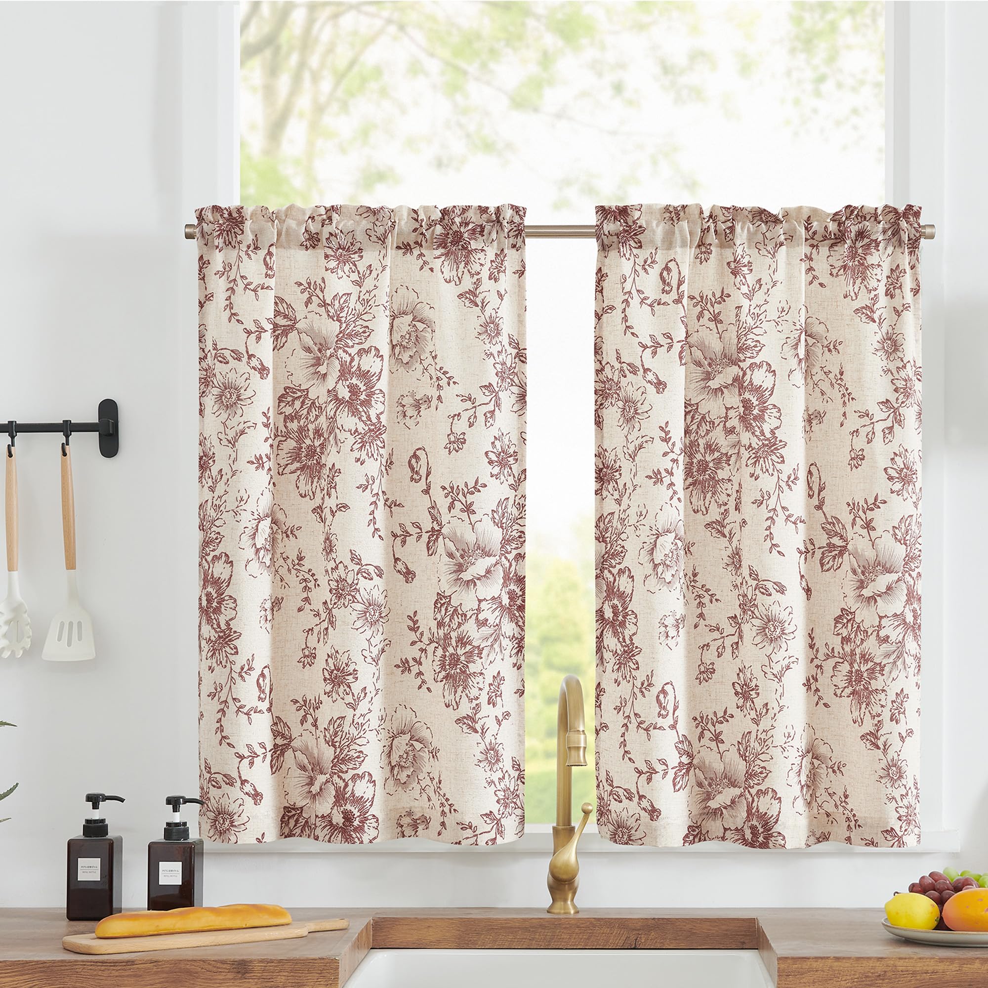 TOPICK Linen Blend Red Floral Kitchen Curtains 24 Inch Drop Small Cafe Curtains Light Filtering Short Curtain Tiers for Bathroom Sink Rod Pocket 2 Panels — image 1
