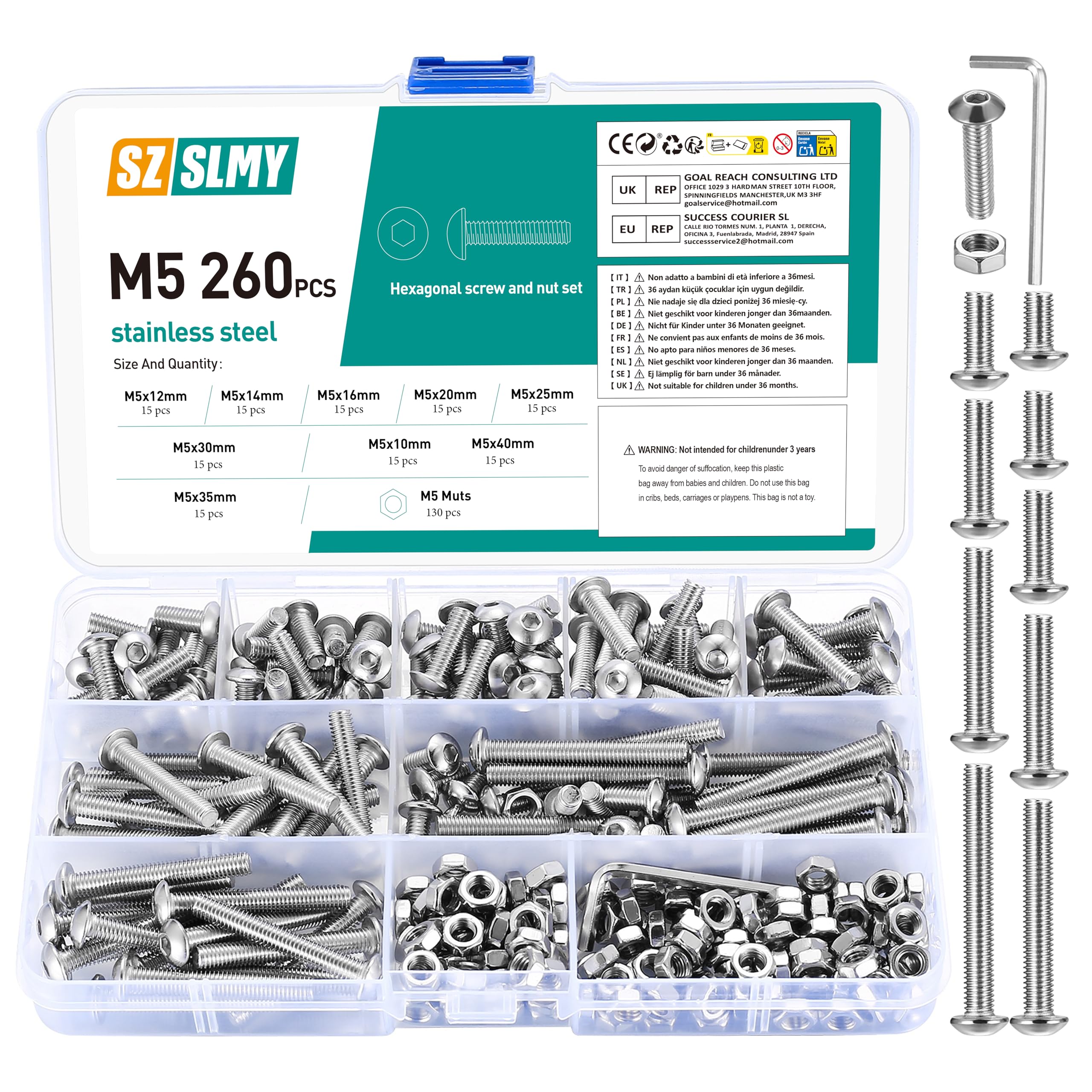 M5 Bolts and Nuts Set, 260 Pcs Hex Socket Head Cap Screws Nuts and Bolts Assorted Set, Round Head Pan Head Machine Screws Assortment Kit, Thread Fastener Hex Bolts and Nuts
