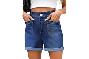 Eddoyee Jean Shorts Womens Strechy High Waisted Denim Shorts with Patch Pocket Cuffed Hem Casual Summer S-XXL