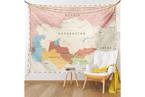 Lunarable Map Tapestry, Retro Central Asia Political Russia Kazakhstan Uzbekistan Turkmenistan Tajikistan, Fabric Wall Hanging Decor for Bedroom Living Room Dorm, 45" X 30", Powder Pink Beige
