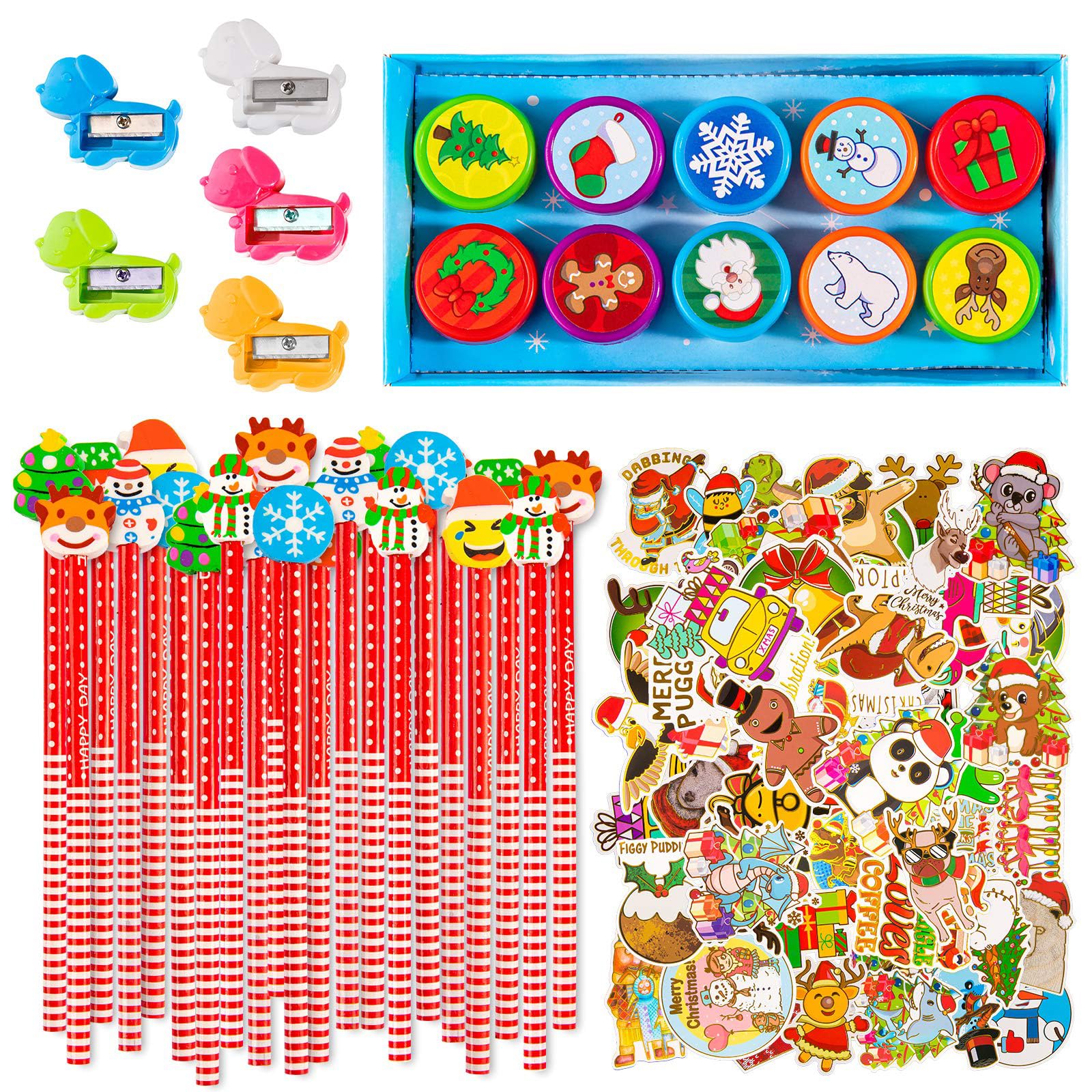 Whaline Christmas Stationery Collection 140 Set 40 Christmas Pencils with Eraser, 20 Christmas Stampers, 60 Xmas Stickers 52 Designs 20 Pencil Sharpeners Gift Party Favors Prize School Supplies