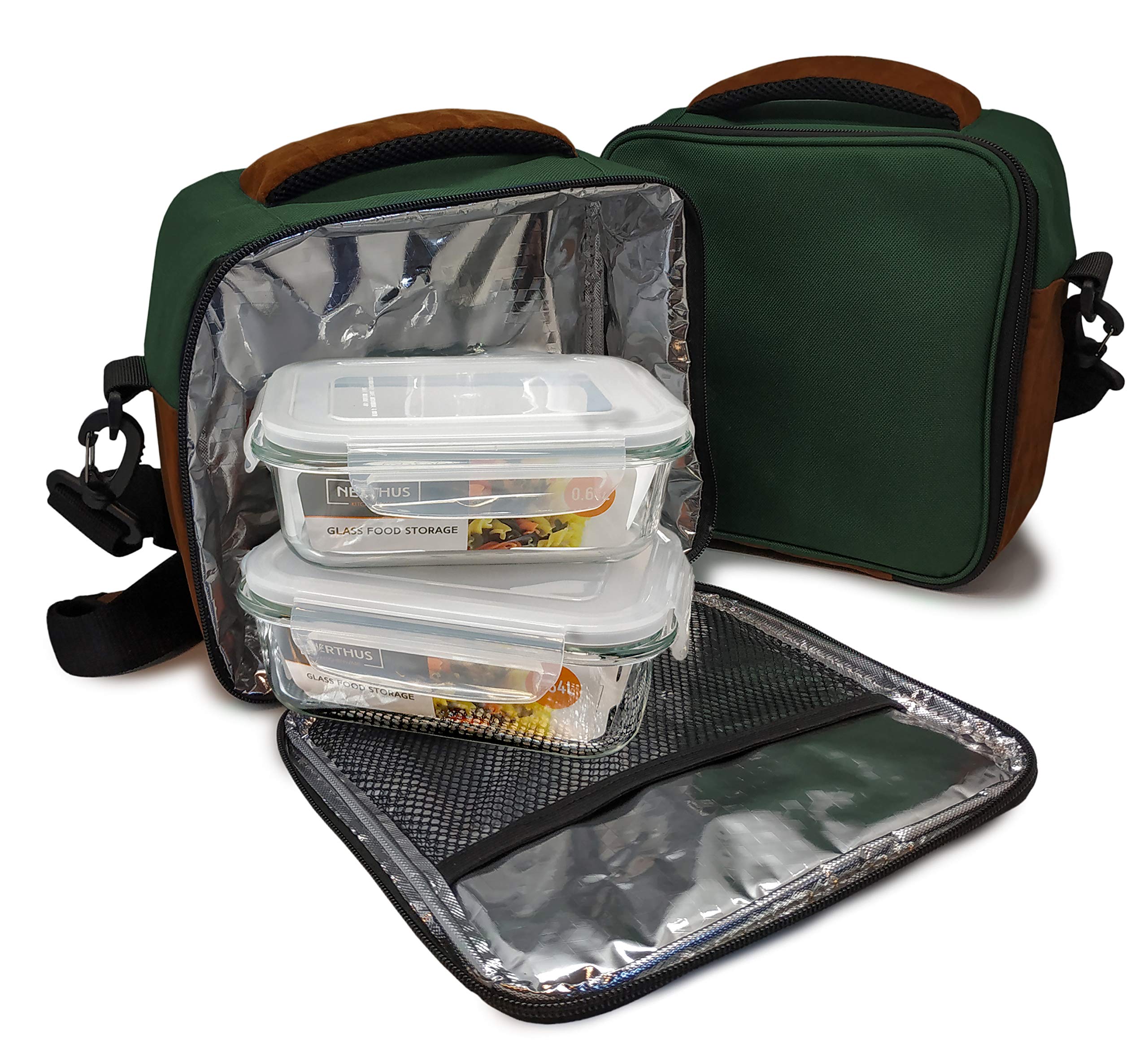 Nerthus FIH 463 Insulated lunch bag with strap and 2 pockets. Green 2 glass hermetics included