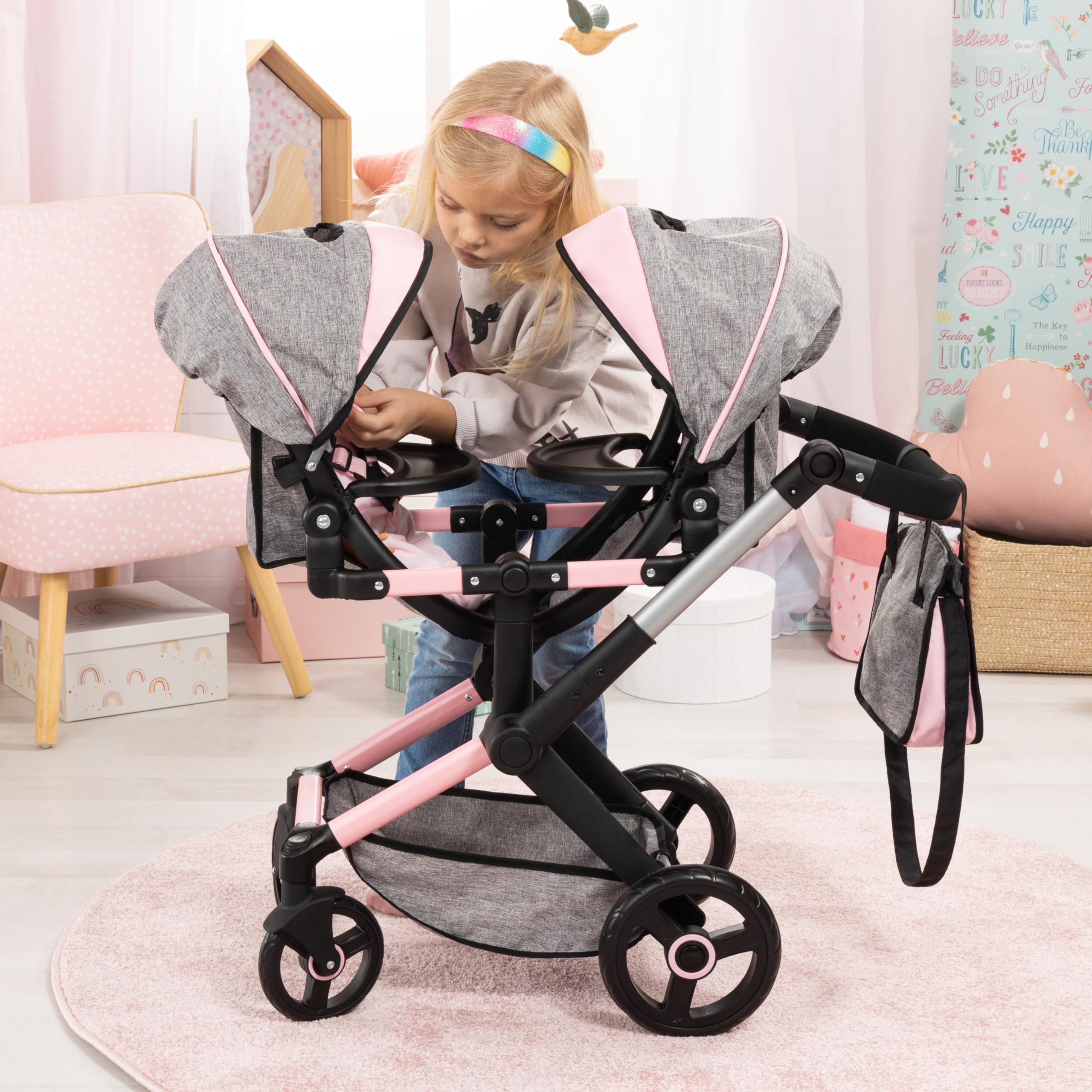 Bayer: Xeo Twin Pram - Butterfly Grey & Pink - Matching Handbag, Adjustable Handle, for Dolls Up to 20