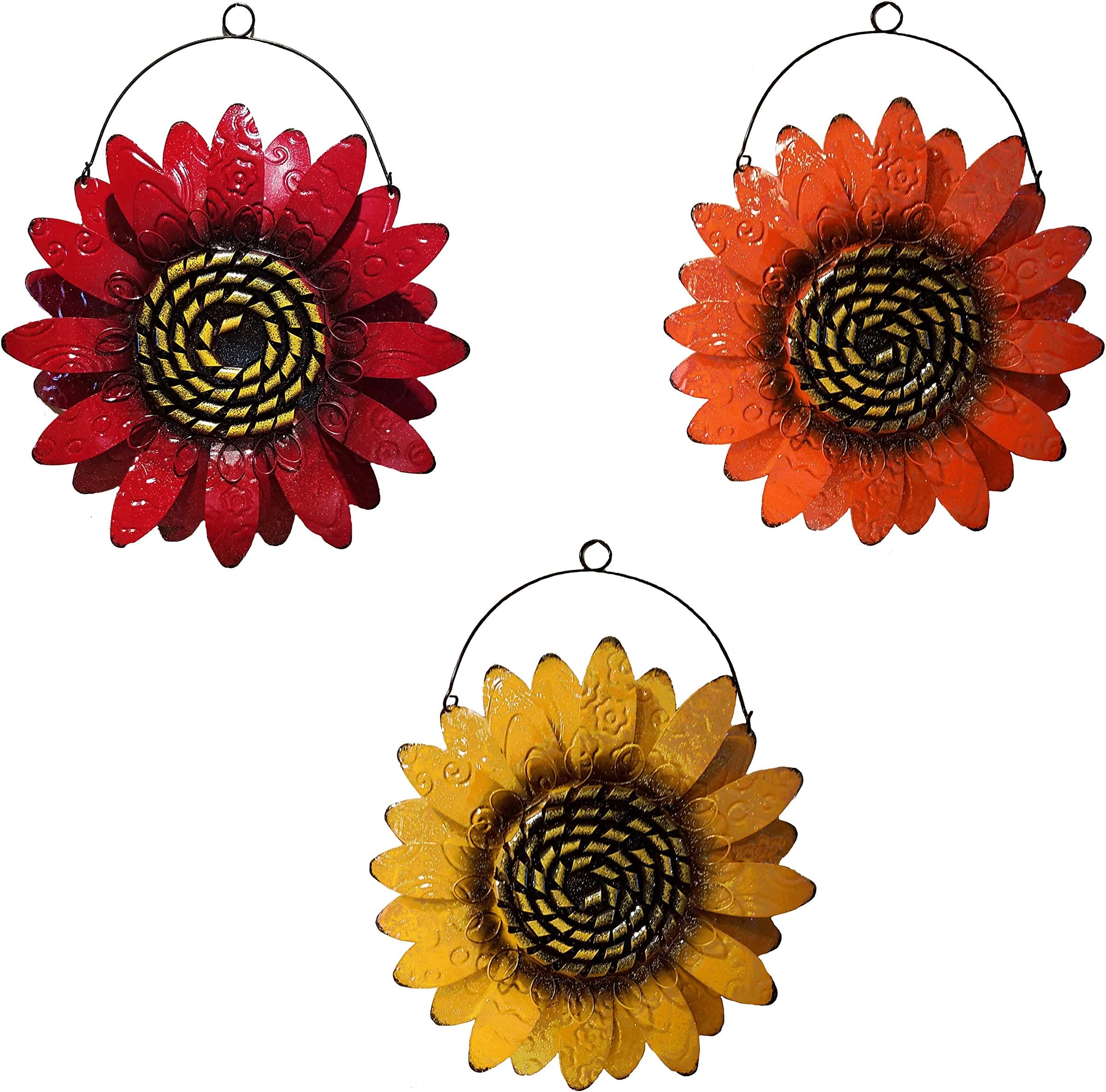 Oak Street Sunflower Metal Wall Decor, One Orange, One Red, One Yellow Flower for Indoor Living Room, Bedroom, Bathroom or Outdoor Garden, Yard, Fence, Porch, and Patio