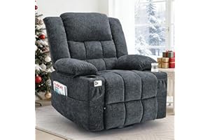 Korser 360° Swivel Rocker Recliner for Adults, Nursery Glider Recliner with Massage and Heating, Rocking Chair with Cup Holder, Manual Recliner Chair for Living Room, Bedroom (Fabric, Dark Gray)