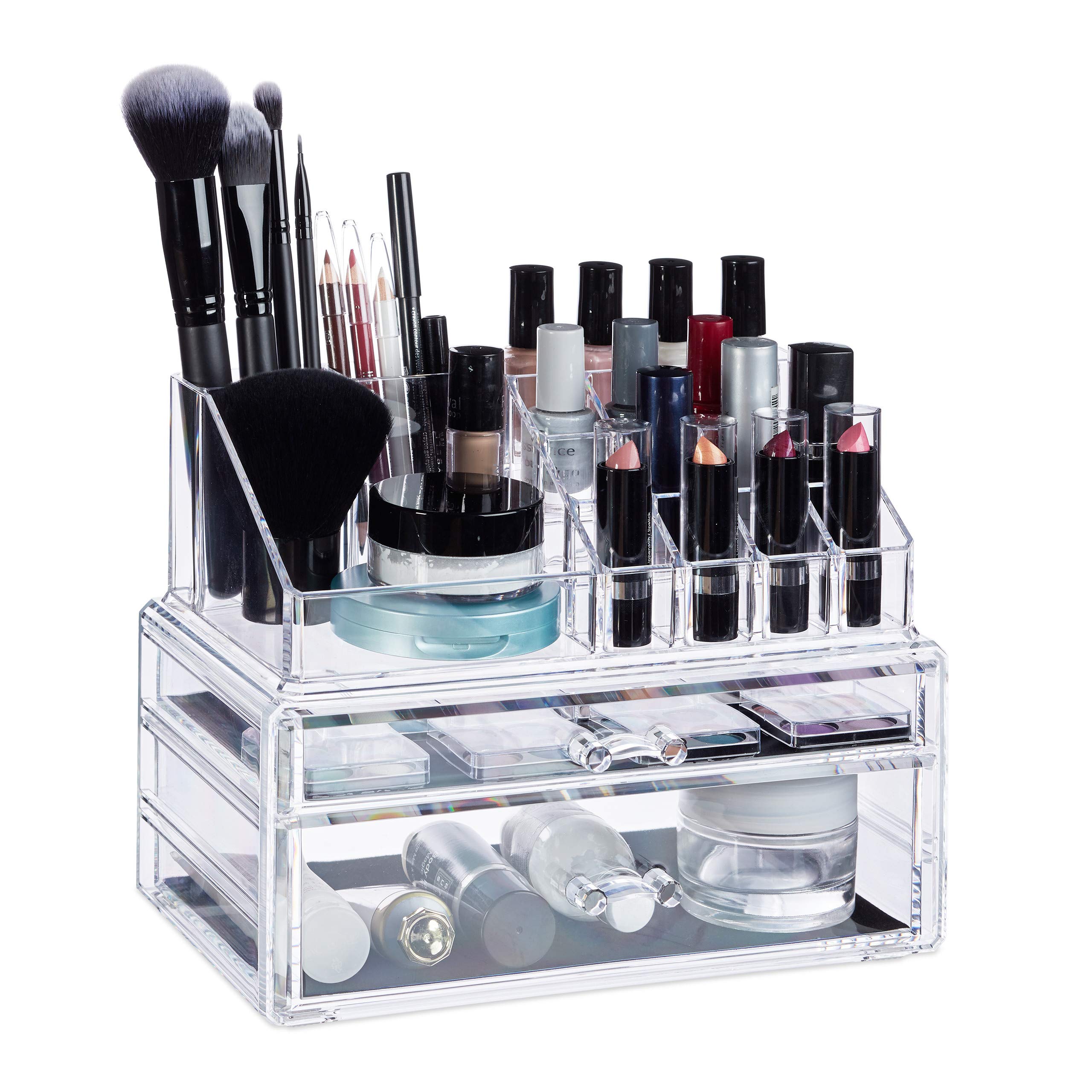 Relaxdays Cosmetic Organiser with 2 Drawers, Makeup Kit for Lipstick, Nail Polish, Acrylic Jewellery Stand, Transparent