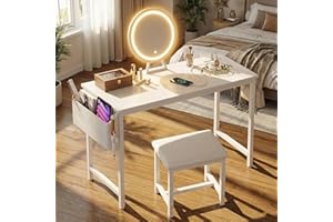 KAI-ROAD Cheap Makeup Girls Vanity Set with Mirror and Stool and Lights & Power Outlet, White Make Up Dressing Table with Chair, Kids Vanities for Bedroom 40“