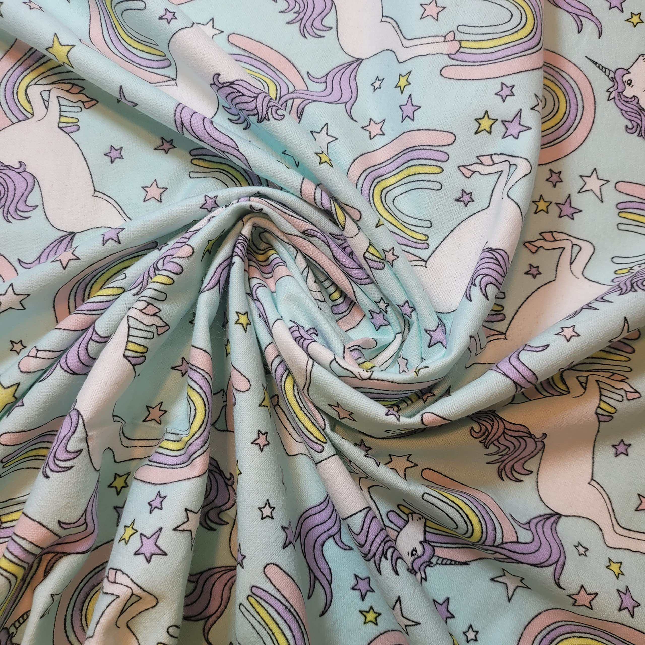 Textile Station 100% Cotton Winceyette/Flannel Fabric, 44" (112cm) Wide, Beautiful Choice of Design - Perfect for Sewing Projects and Furnishing - Fabric by The Metre Clearance (Mint Star Unicorn)