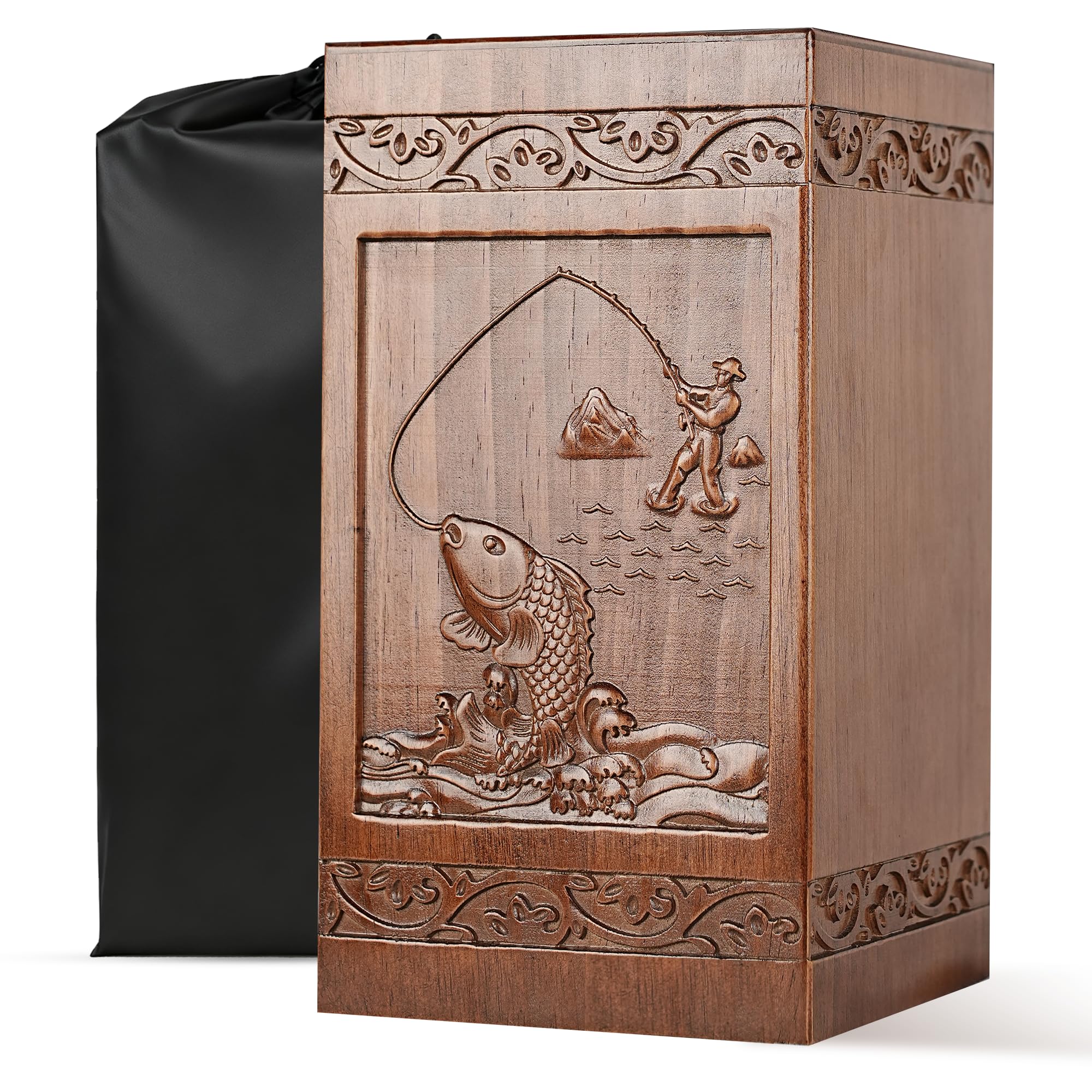 Photo 1 of Wooden Urn for Ashes Adult Male Female, Cremation Urns for Human Ashes Adult Men Women, Decorative Burial Funeral Memorial Urn Box Holds 250 Cubic Inches, Fishing