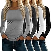 Velvelhall 4 Pack Women's Long Sleeve T-Shirts Boat Neck Fitted Soft Basic Tops Casual Cotton Blend Layering Stretchy Tees