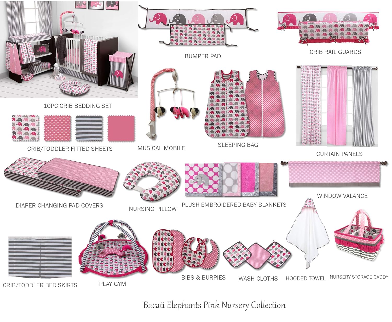 Bacati - Elephants Pink/Grey 10-Piece Nursery in a Bag Girls Baby Nursery Crib Bedding Set with Bumper Pad : Baby