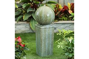 LUXENHÖME LuxenHome 34" Cement Outdoor Fountain, Patina Sphere Water Fountain, Pedestal Bubbler Waterfall Fountain for Garden Backyard Courtyard