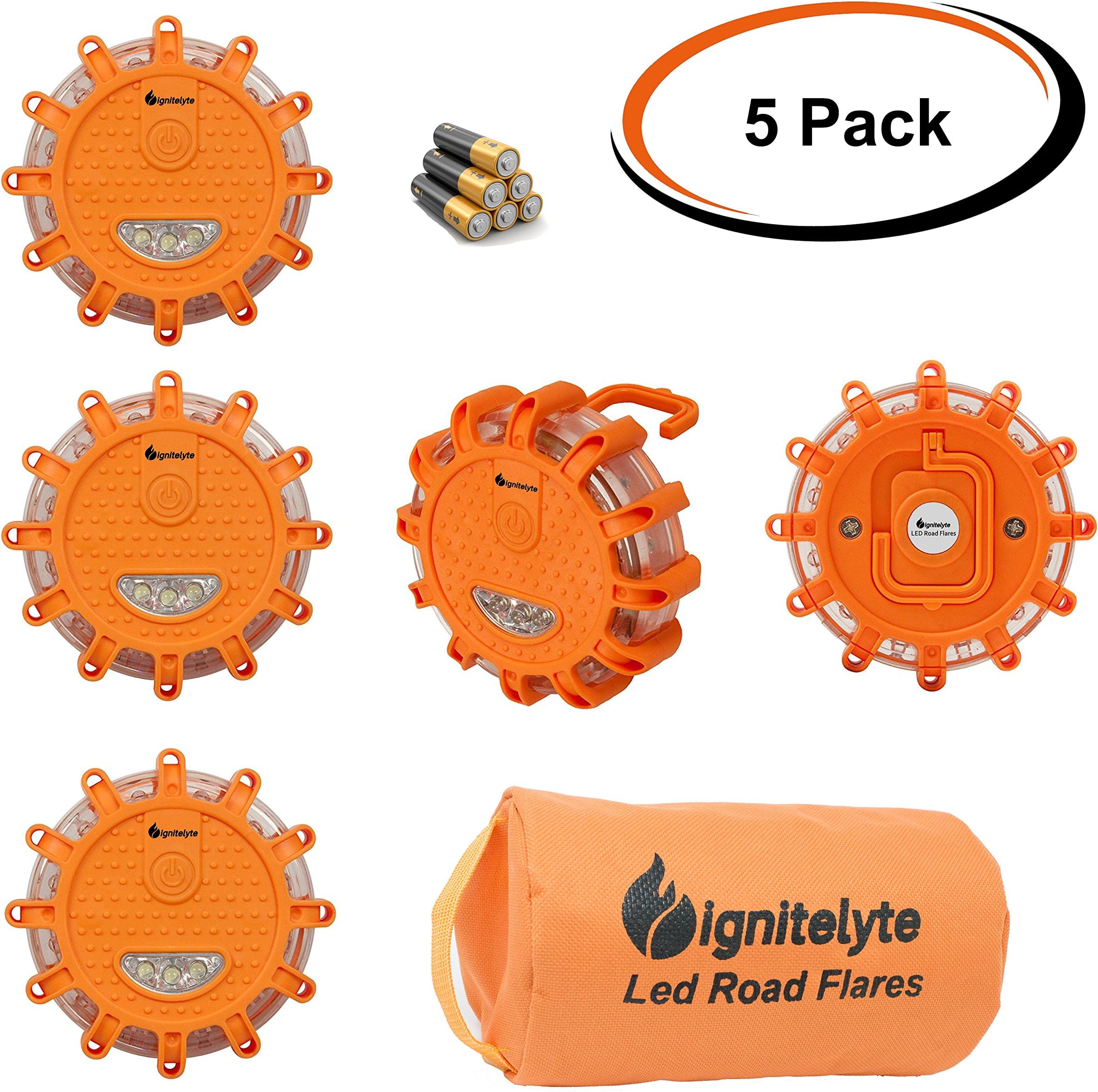 LED Road Flare Emergency Disc with Storage Bag and Batteries Included - 9 Light Modes Plus Hook and Magnet - Flashing Safety Beacon for Car or Boat - SOS Signal for Camping or Hiking (Pack of 5)