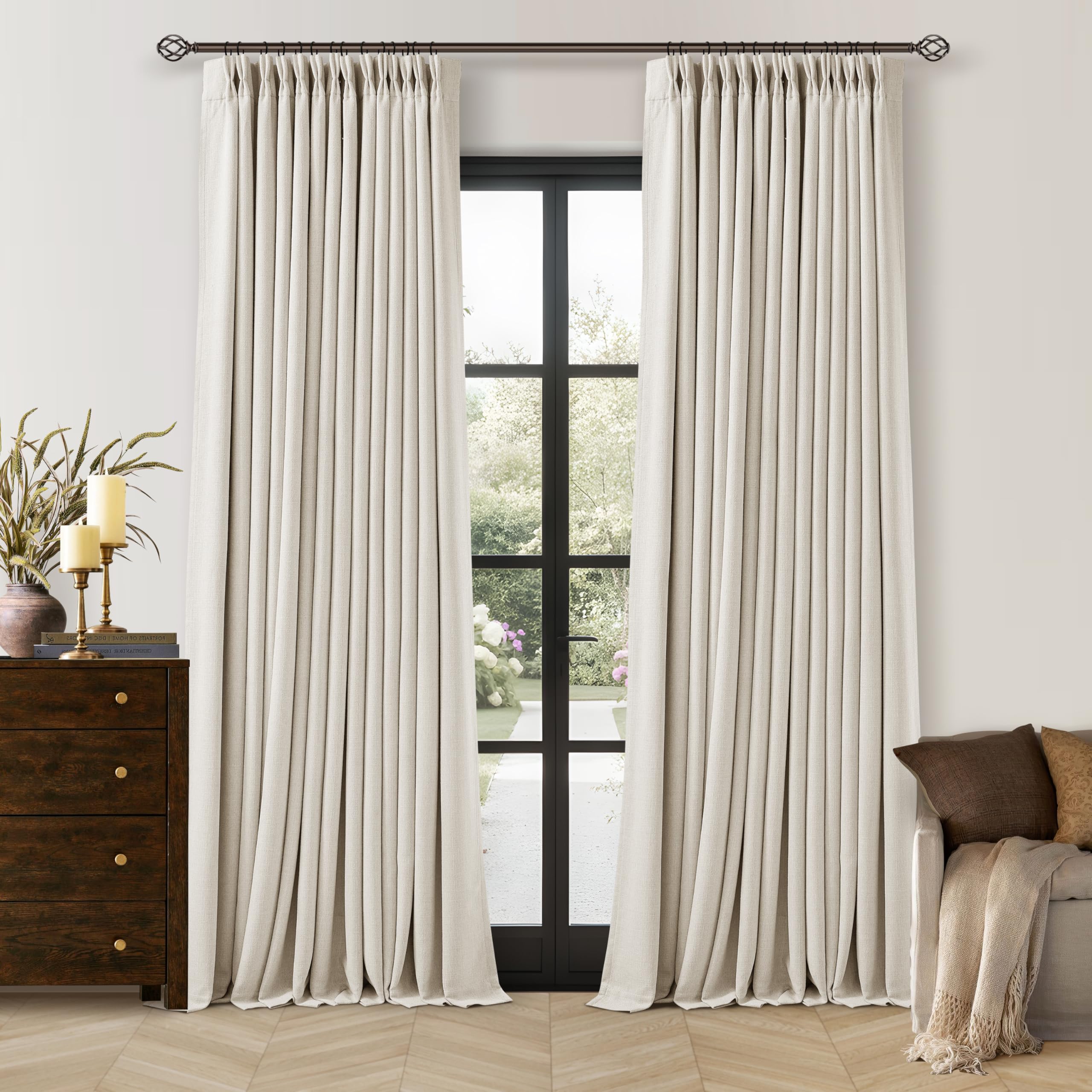 Photo 1 of 100 Inch Blackout Linen Curtains Pinch Pleated Back Tab Dual Layer Thermal Inslulated Room Darkening 100% Black Out Curtains 2 Panels for Sliding Glass Door Bedroom Living Cream Ivory Window Drapes