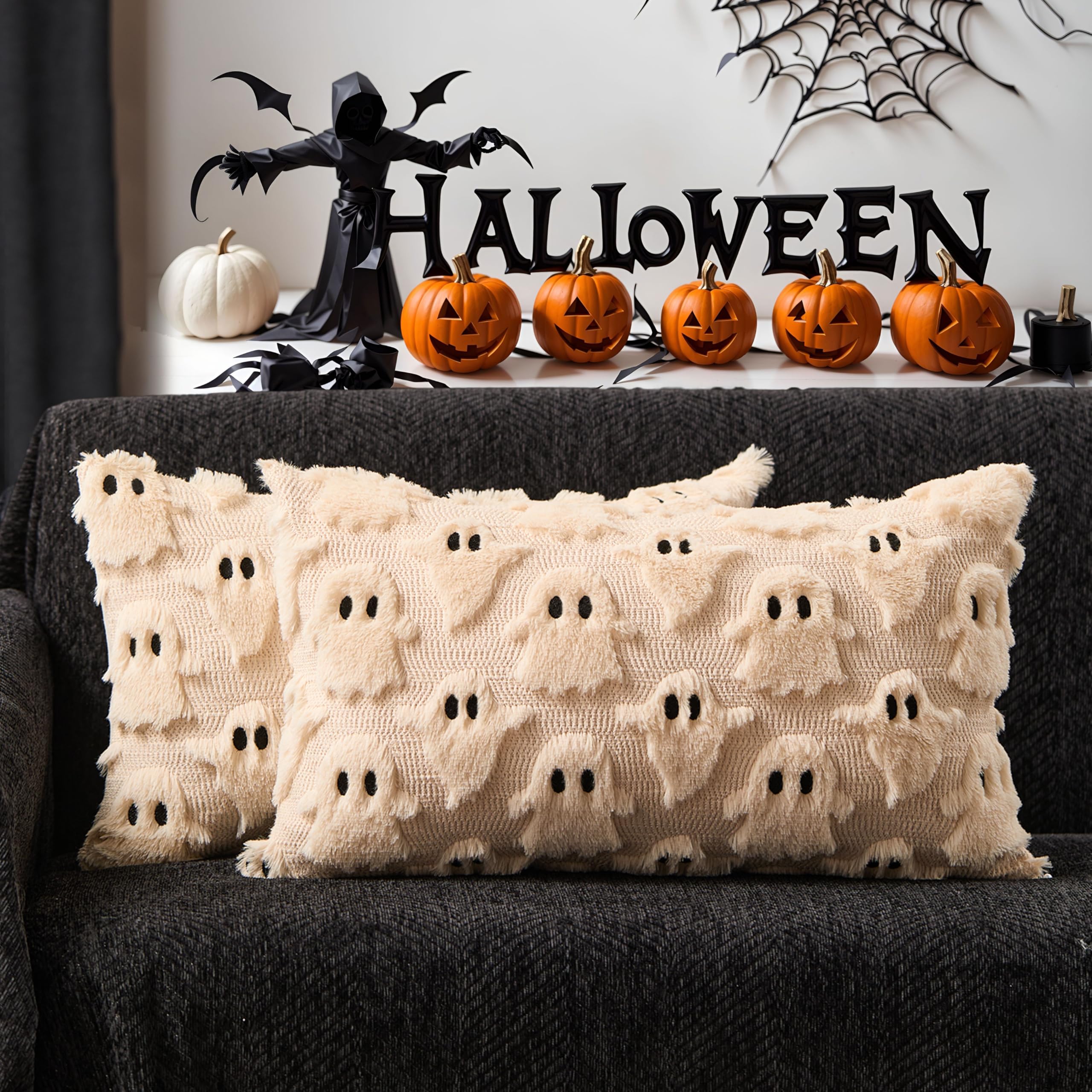Photo 1 of DFXSZ Halloween Pillow Covers 12x20 inch Set of 2 Beige Ghost Throw Pillow Cases Soft Plush Faux Fur Wool Couch Cushion Case for Chair Sofa Bedroom Living Room Home Decor PTK03D12