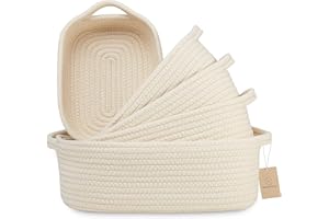 NaturalCozy 5-Piece Rectangle Storage Basket Set- Natural Cotton Rope Woven Baskets for Organizing! Small Basket for Montessori, Baby Nursery, Dog Toy Baskets, Cat Toy Box, Bathroom Organization Bin