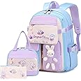 FIXITOK Girls Backpack Set, 3PCS Kids Backpack for Girl, Cute Bunny School Backpack for Girls Kids Teen Kindergarten Elementary Preschool Middle School Bags with Lunch Box Pencil Case Blue