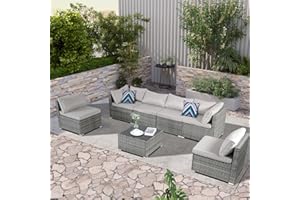 PORWEY Patio Outdoor Furniture Set 7 Pieces Rattan Wicker Sectional Sofa Couch Conversation Set with Table for Deck Lawn, Gray Wicker/Gray Cushion
