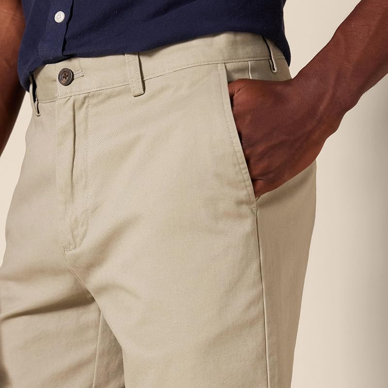 Pantalones Cortos Chinos de Corte Ajustado de 18cm Hombre, Caqui, 33W
