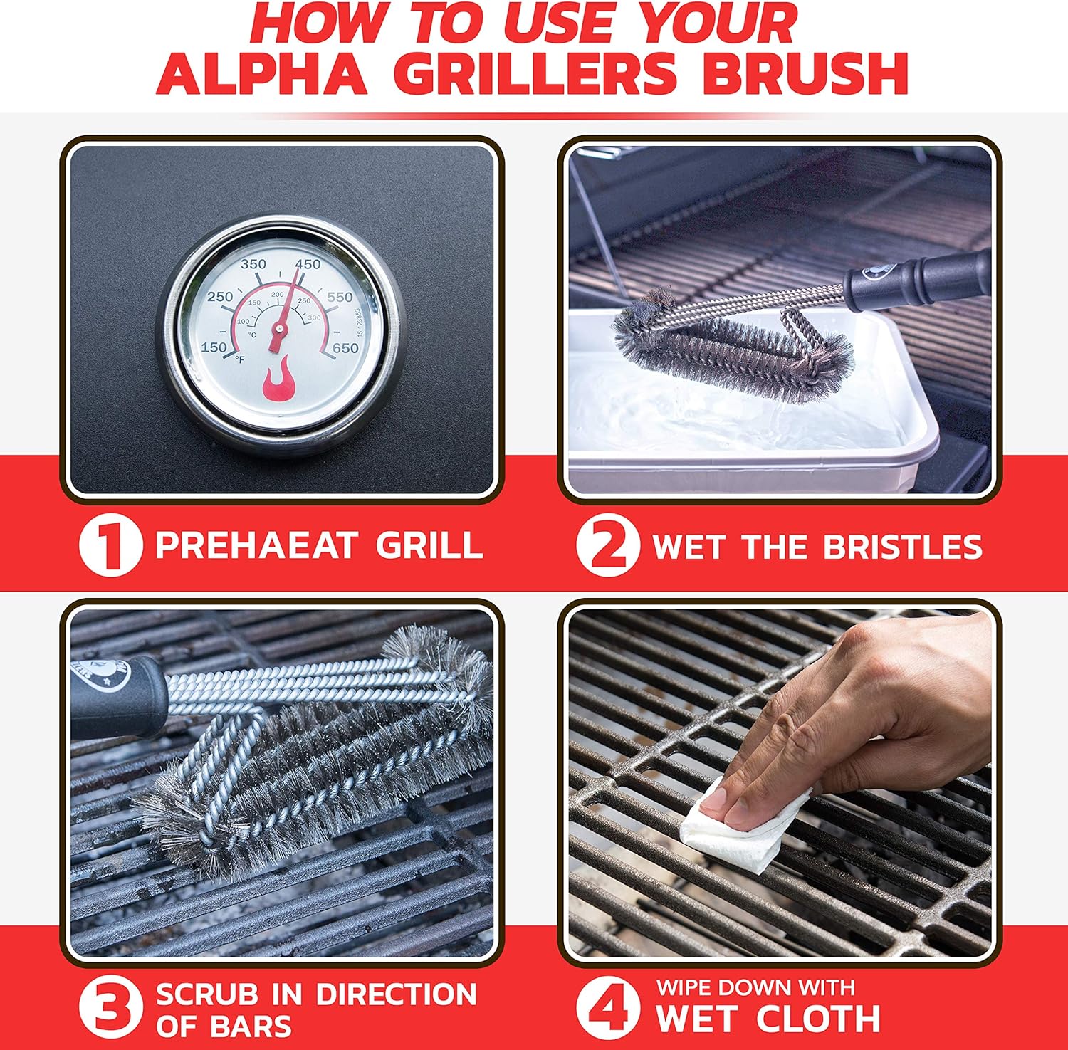 Alpha Grillers 18" Grill Brush. Best BBQ Cleaner. Safe for All Grills. Durable & Effective. Stainless Steel Wire Bristles and Stiff Handle. A for Barbecue Lovers. : Garden & Outdoor