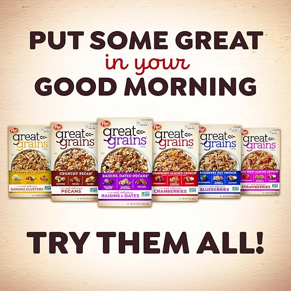 GREAT GRAINS RAISINS DATES & PECANS BREAKFAST CEREAL, CRUNCHY CLUSTERS WITH SWEET FRUIT AND WHOLE GRAINS, NON-GMO, 25 OZ BOX