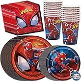 Spiderman Birthday Party Supplies Set - Serves 16 Guests | Spiderman Party Supplies Pack with Dinner Plates, Cake Plates, Cups, Napkins and Button