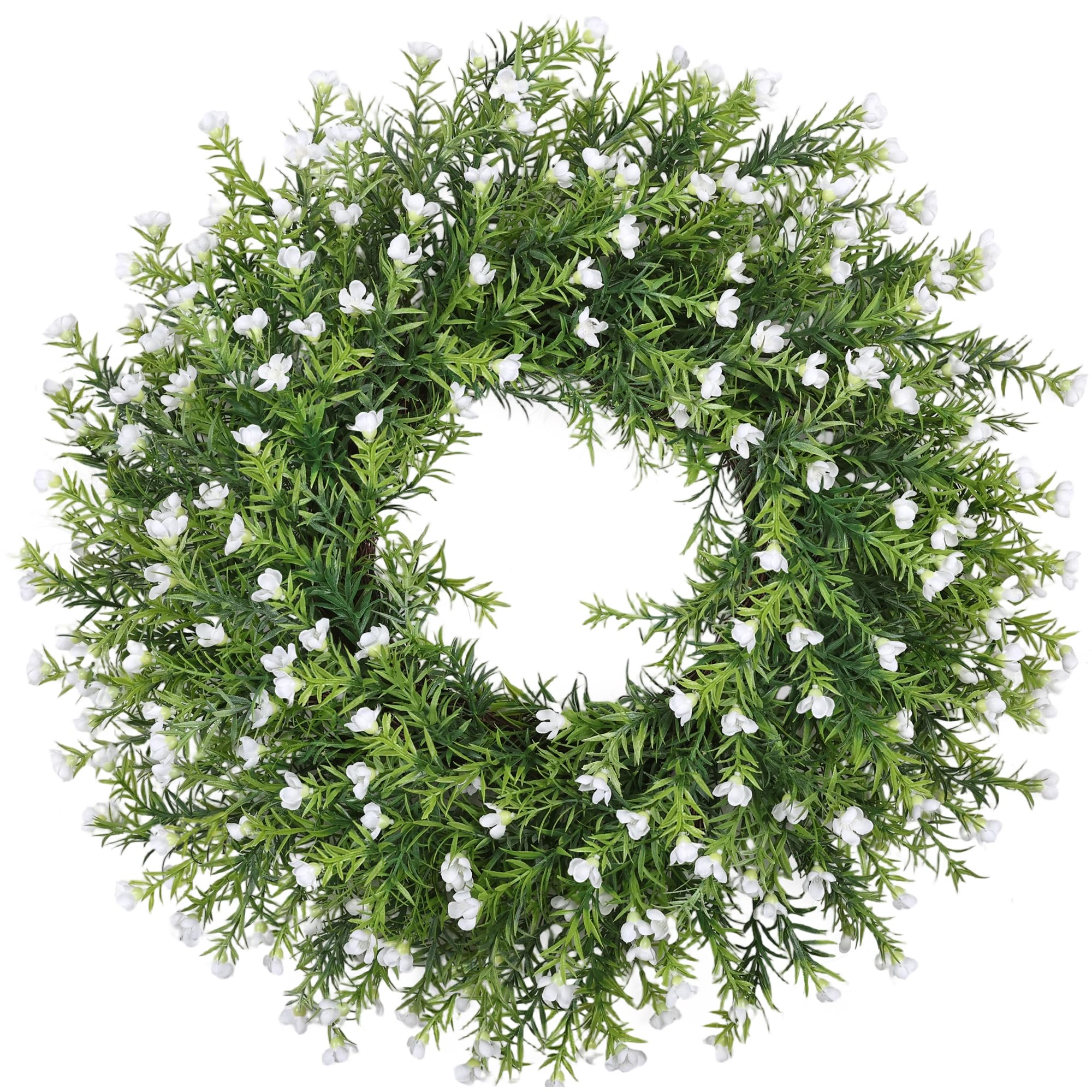 Photo 1 of Realistic 24 Inch Baby’s Breath Wreath Spring Wreath for Front Door, Zmtyykh White Floral Green Wreath for Outdoor Indoor Farmhouse Wall Porch Home Decor, All Season Summer Wedding Party