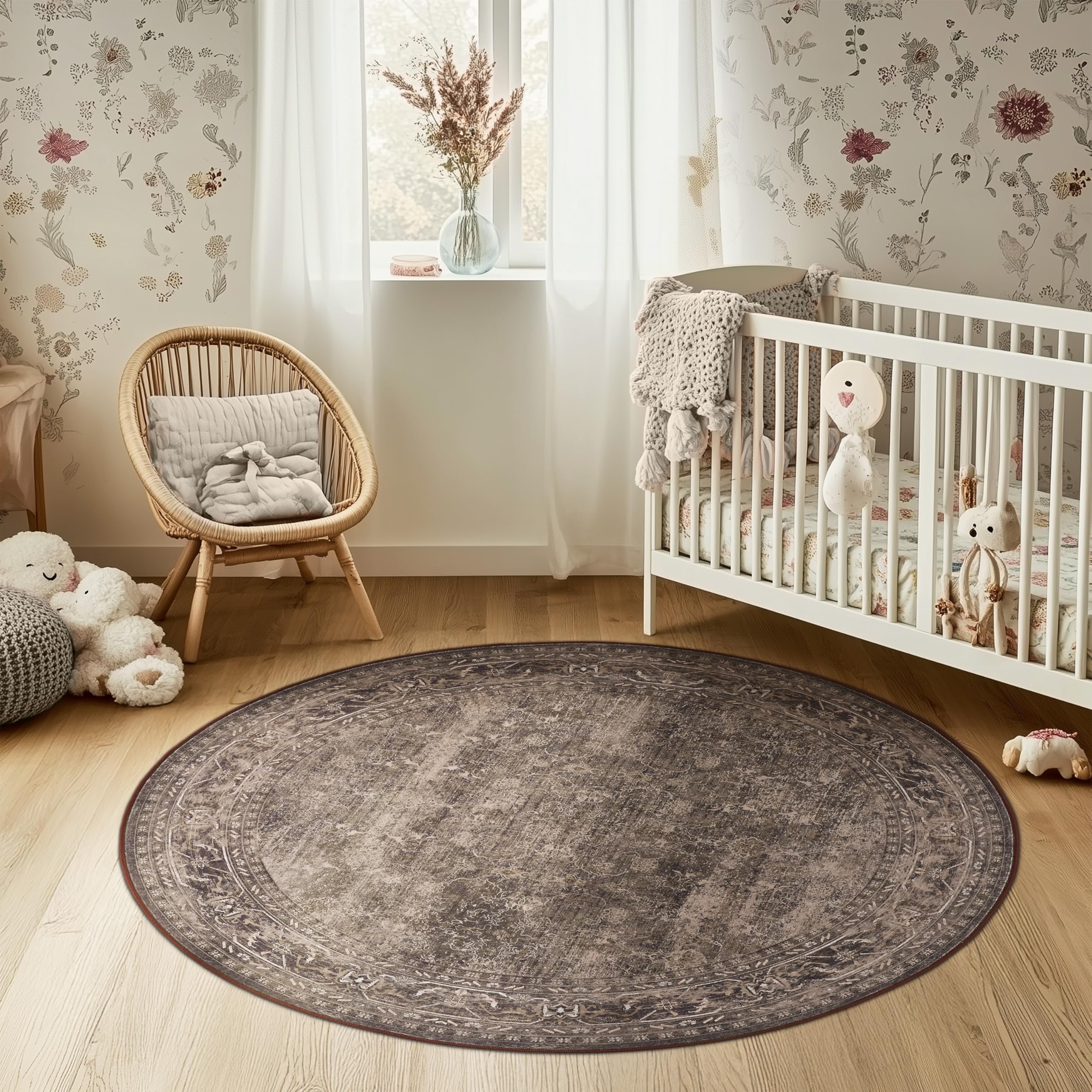Photo 1 of 4ft Round Rug – Boho Retro Indoor Rug, Non-Slip Backing, Machine Washable, Low Pile, for Entryway, Nursery, Foyer, Kids' Room
