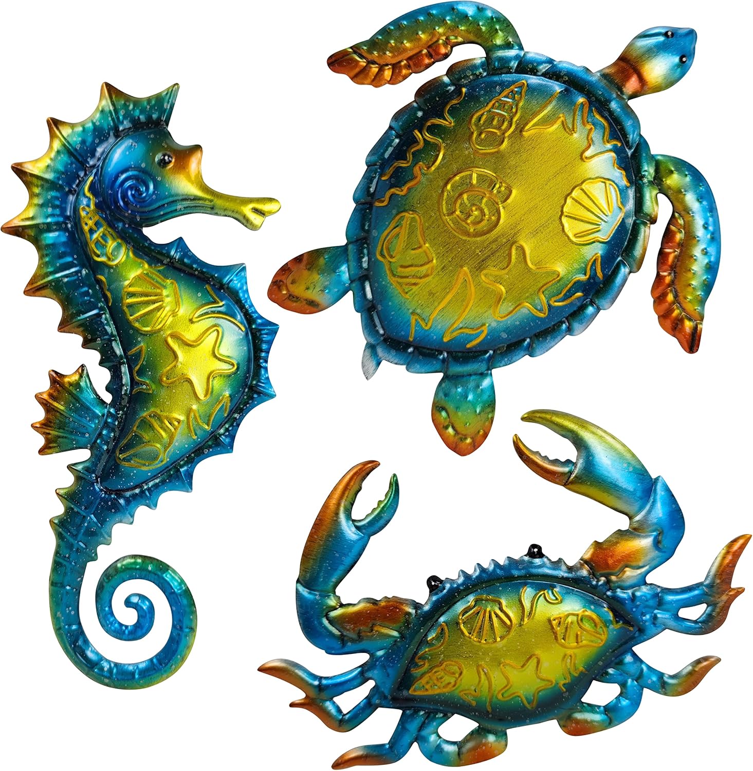 Plaques & Wall Art - Metal Sea Turtle Crab and Seahorse Outdoor Indoor Wall Art Decor, Ocean Decor, Beach Themed Decor for Bathroom Bedroom Fenced Garden Terrace Swimming Pool Deck Balcony Decor