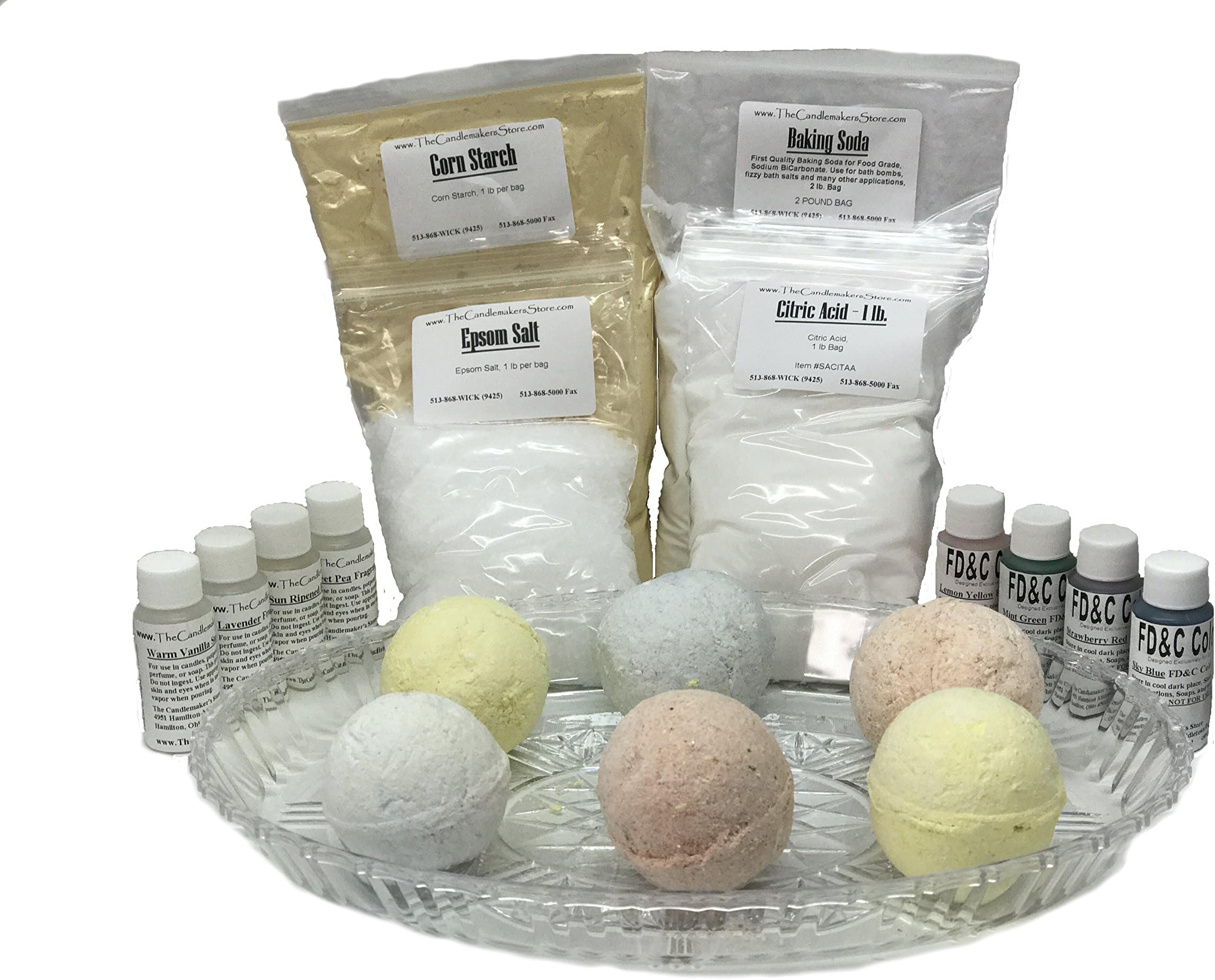 Complete Bath Bomb Starter Kit, 2 lbs. Baking Soda, 1 Lb. Citric, 1 lb. Corn Starch, 1 lb. Epsom Salt, 4 x 1 oz. fragrances, 4 x 1 oz. FD&C = Strawberry Red, Lemon Yellow, Sky Blue, Mint Green. Molds not included.