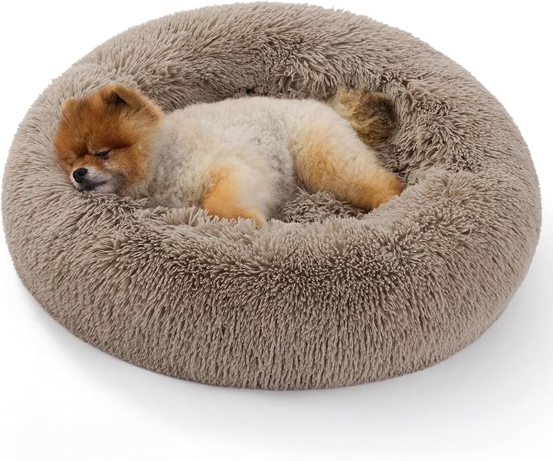 Bedsure Plush Round Cat Bed 60x60x14cm Washable Calming Non-Slip Base Camel