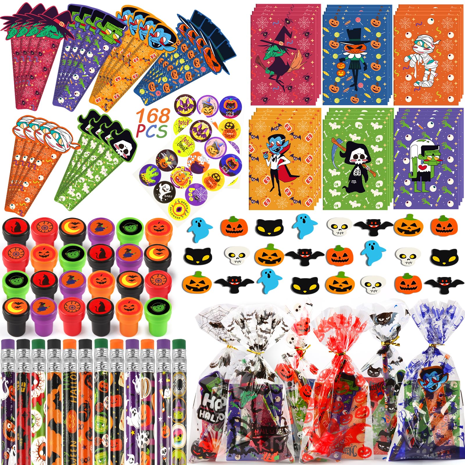 Photo 1 of 168PCS Halloween Party Favors Stationery Set for Kids, Halloween Class Exchange, Goody Bag Fillers, Stationery Kit Including Pencil, Eraser, Ruler, Notepad, Stamper, Sticker for Kids Trick or Treat