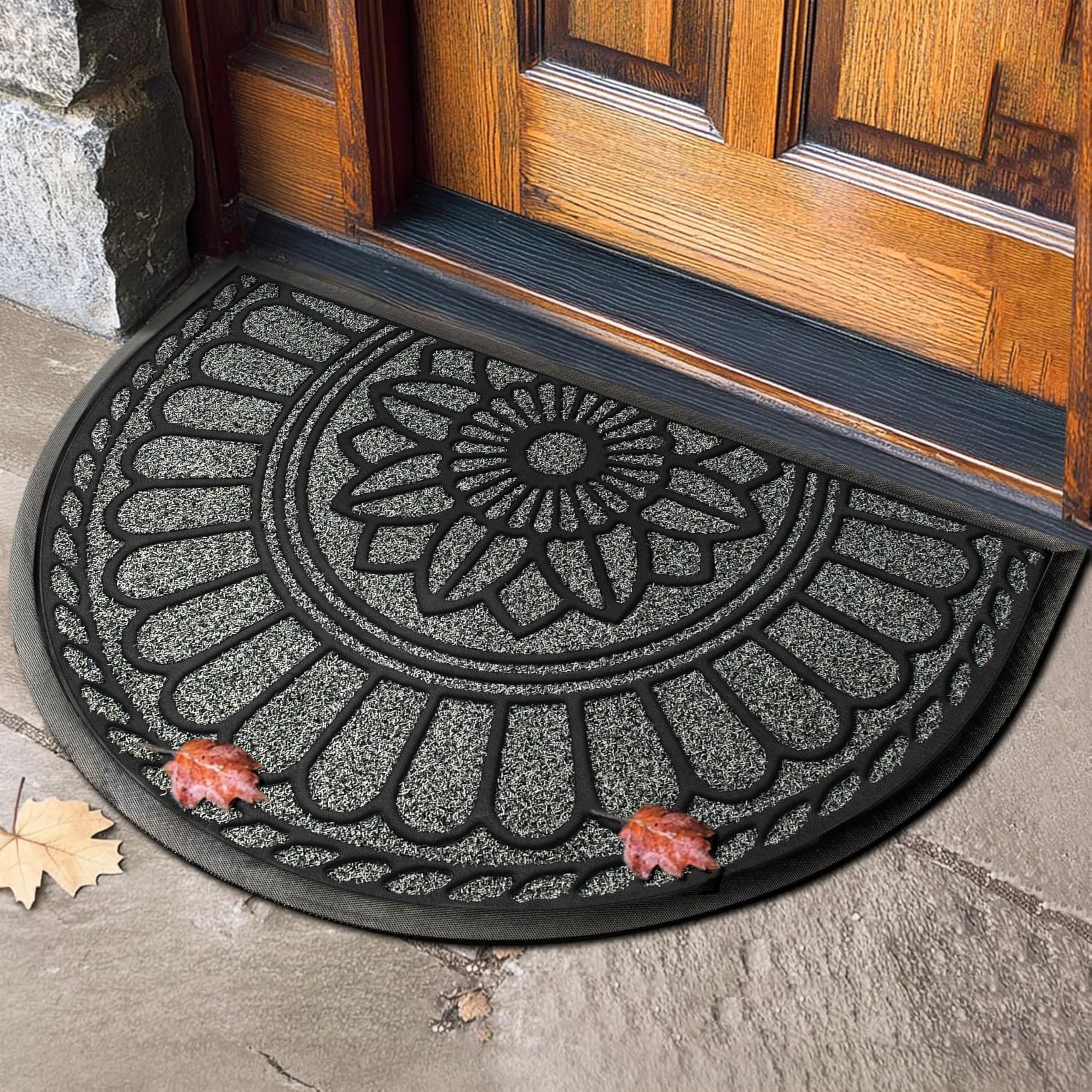 Mibao Half Round Door Mat, Protective Mat with Non-Slip Runner, Heavy Duty Doormat for Outdoor, Low Profile and Easy to Clean, 60 x 90 cm, Grey