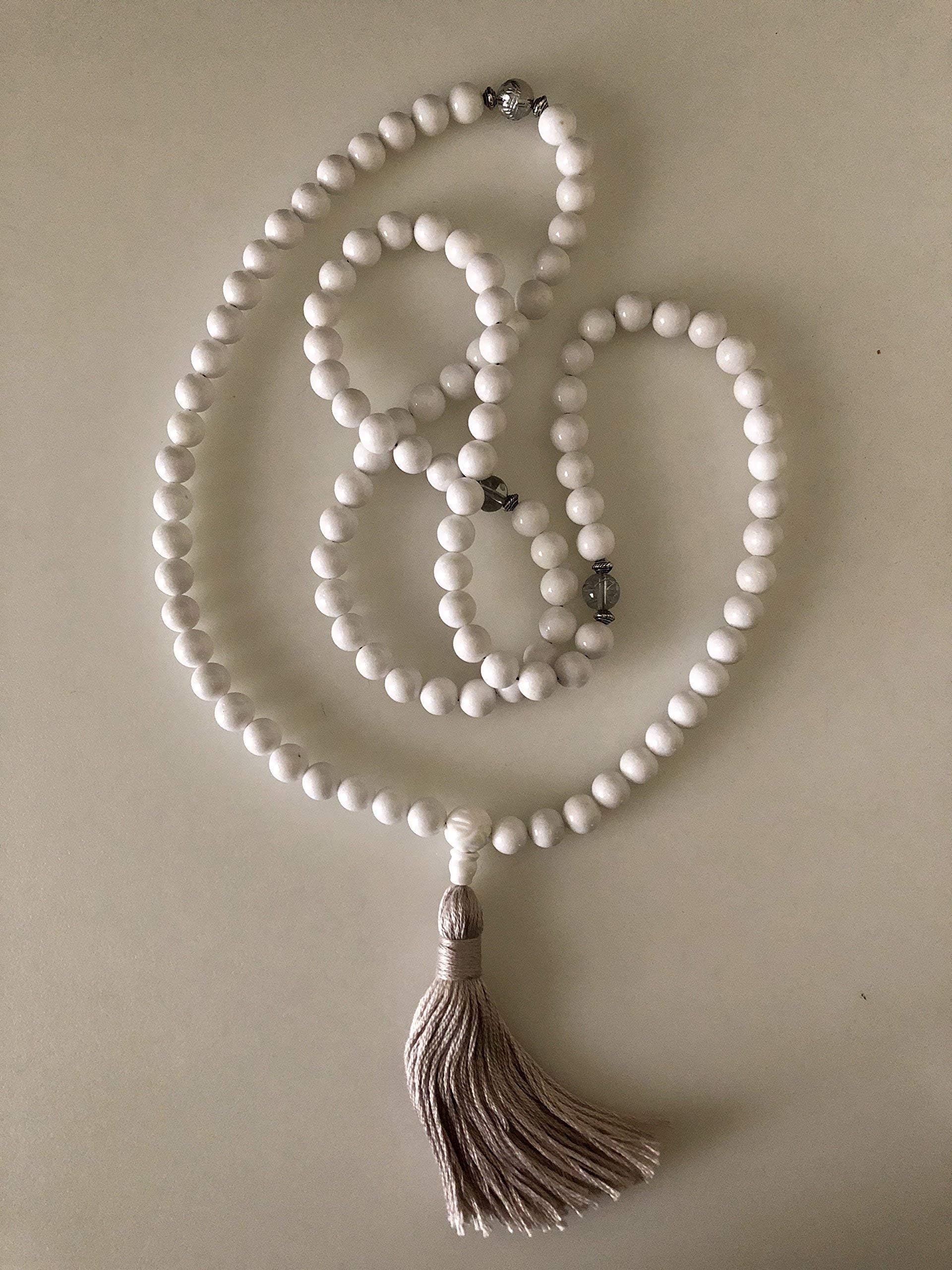 White Mountain Jade Mala with Dragon Beads and Tassel 108 Beads/Prayer Beads/Buddhist Meditation/Handmade in the USA