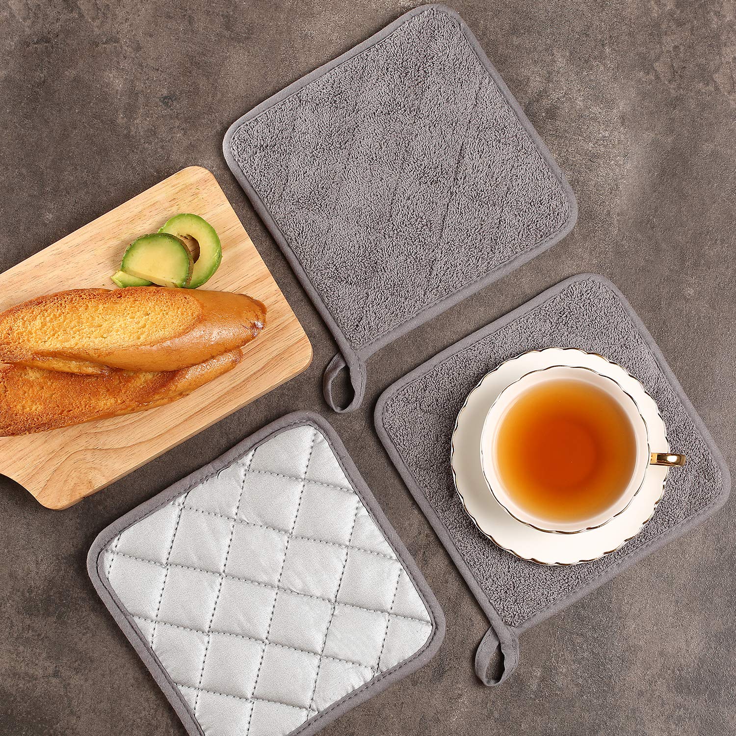 VEIKERY Oven Pot Holder with Pocket 100% Cotton Heat Resistant Coaster Potholder Kitchen Hot Pad Oven Mitts for Cooking and Baking Square Set of 3 7\