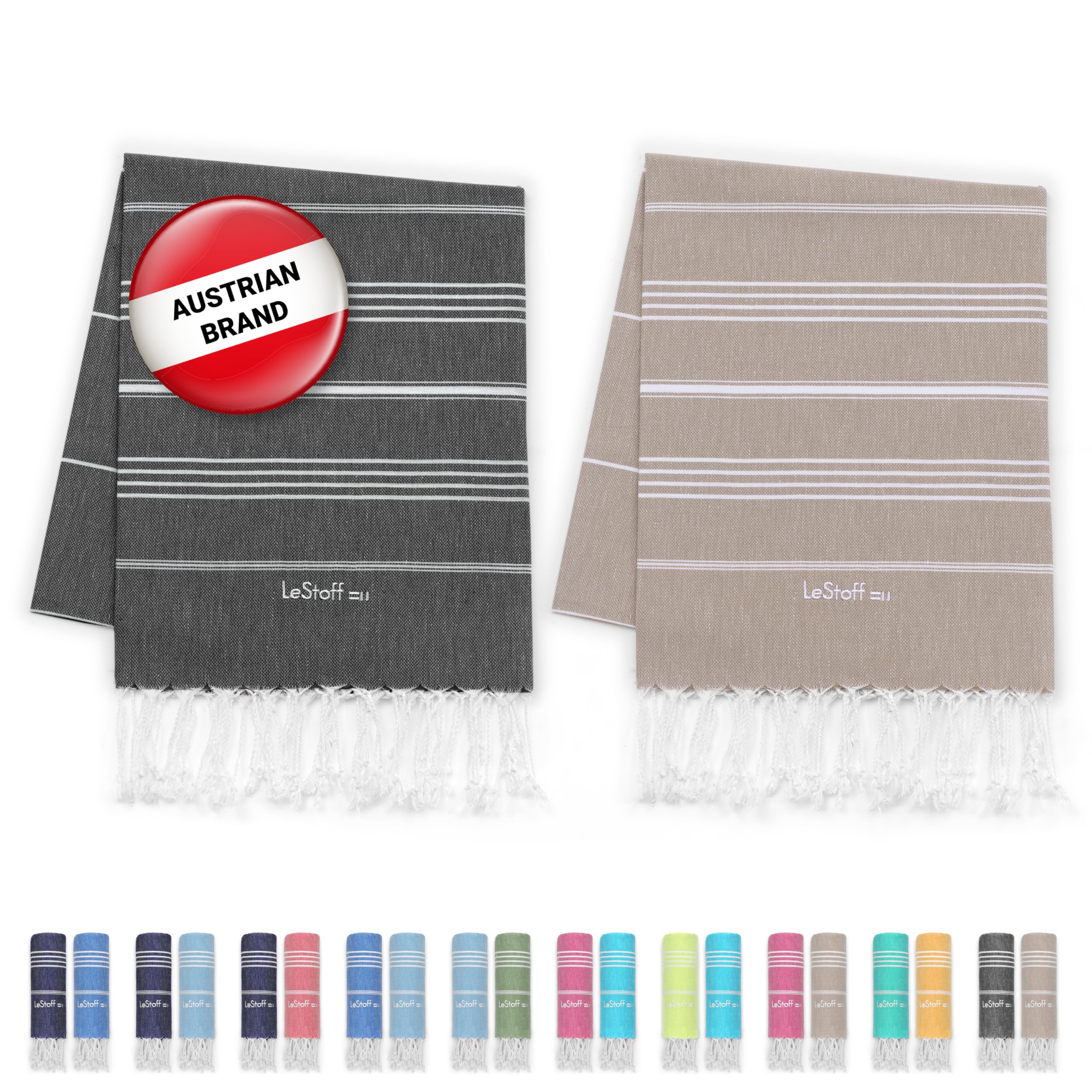 LeStoff Premium Hammam Towel (Set of 2) – 100% Organic Cotton - Pre-washed Sustainable Absorbent & Quick-Drying - Beach, Bath, Shower, Yoga, Spa & Travel Towel (95 x 180 cm, Anthracite - Beige)