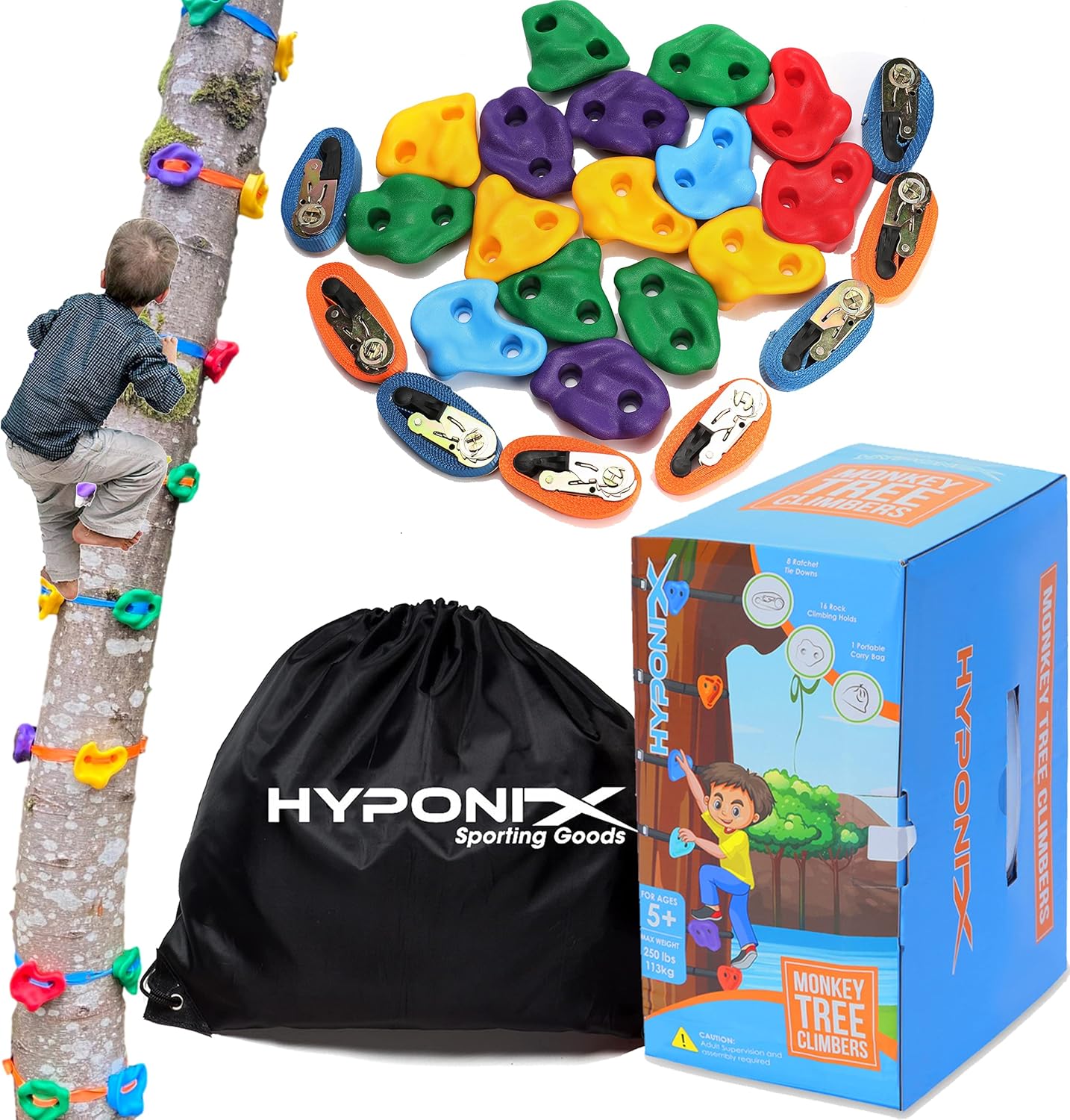 Hyponix 16 Tree Climbing Kit - 16 Rock Climbing Holds, 8 Ratchets - Tree Climbing Holds - Tree Climbing Kids - Ninja Warrior Obstacle Course for Kids - Tree Climber - Outdoor Play Equipment for Kids: Toys & Games