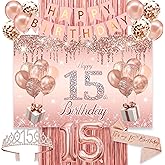 15th Birthday Decorations for Girls,Banner,Backdrop, it’s my 15th Birthday Sash, Sweet Rhinestone Tiara Crown,Balloons