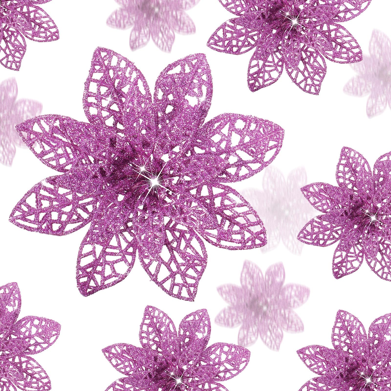 36 Pieces Christmas Glitter Poinsettia Flowers Wedding Glitter Flowers Christmas Tree New Year Ornaments (Light Purple)