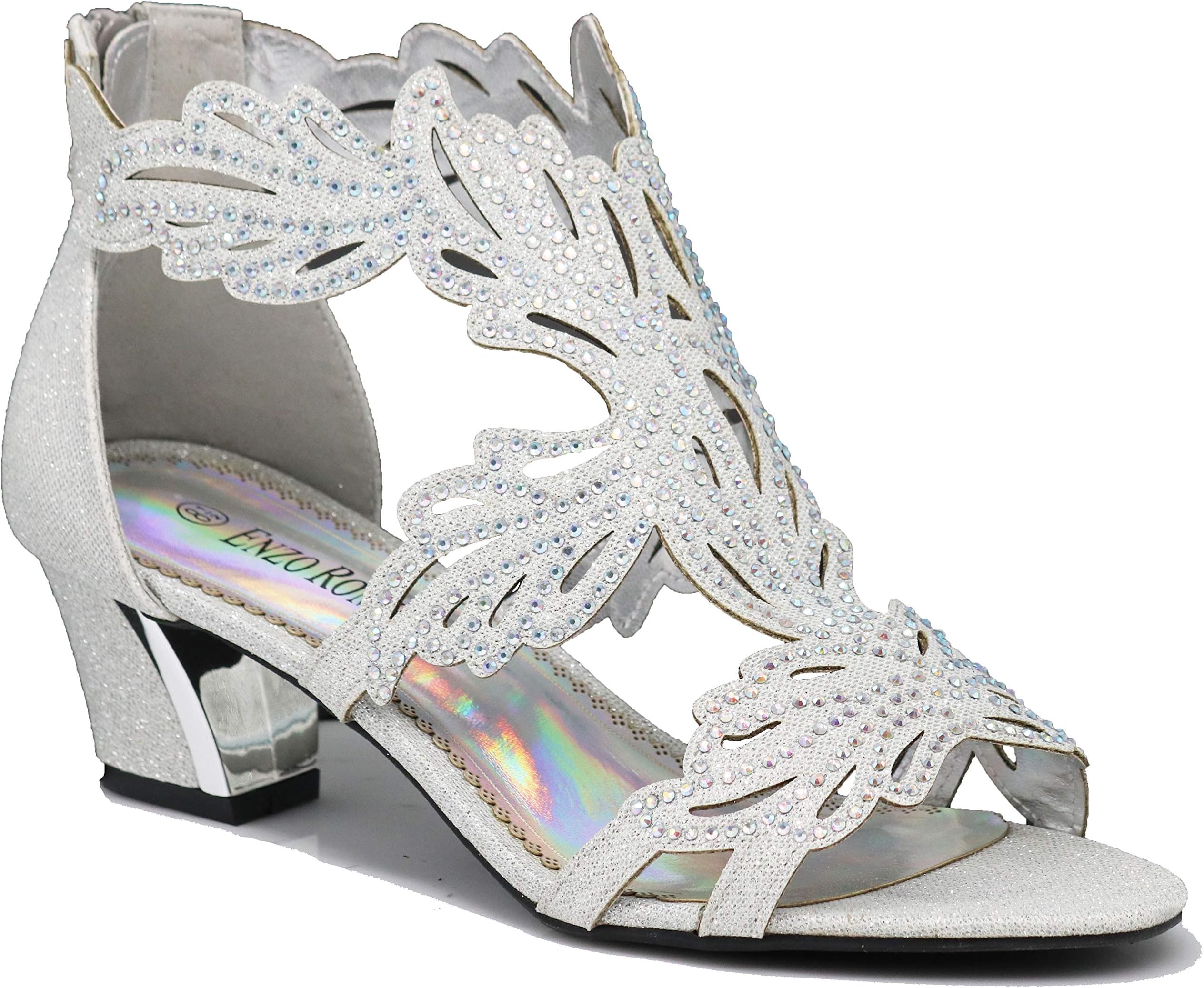 Enzo Lime03N Womens Open Toe Mid Heel Wedding Rhinestone Gladiator Sandal Wedge Shoes (8, Silver)