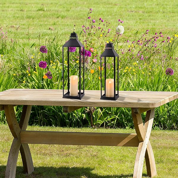 MATAHUM 23″ 19″ LARGE LANTERNS DECORATIVE OUTDOOR INDOOR, SET OF 2 MODERN FARMHOUSE BLACK FLOOR LANTERN WITH CANDLES, HALLOWEEN, CHRISTMAS LANTERNS FOR FIREPLACE, MANTLE, PORCH, PATIO, HOME DECOR