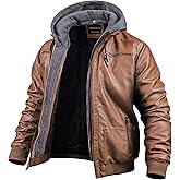 CREATMO US Men's Faux Leather Jacket Motorcycle Jacket Waterproof Windproof PU Moto Vintage Bomber Hoodie with Removable Hood