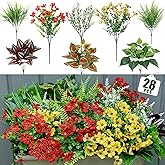 Nagobi 28 Bundles Outdoor Artificial Plants UV Resistant Spring Summer Decor Fake Greenery Faux Plastic Flower Plants Outside for Garden Porch Planter Window Box Hanging Baskets Decor (Red & Yellow)