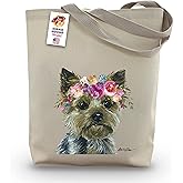Yorkie Tote Bag - Gifts for Mom - Yorkie Lover Gift - Flower Crown yorkie Totes -Handmade Totes - Yorkie Canvas Totes - Cute Yorkshire Terrier Reusable Shopping Bag - Grocery Bag - Handbag - Beach Bag